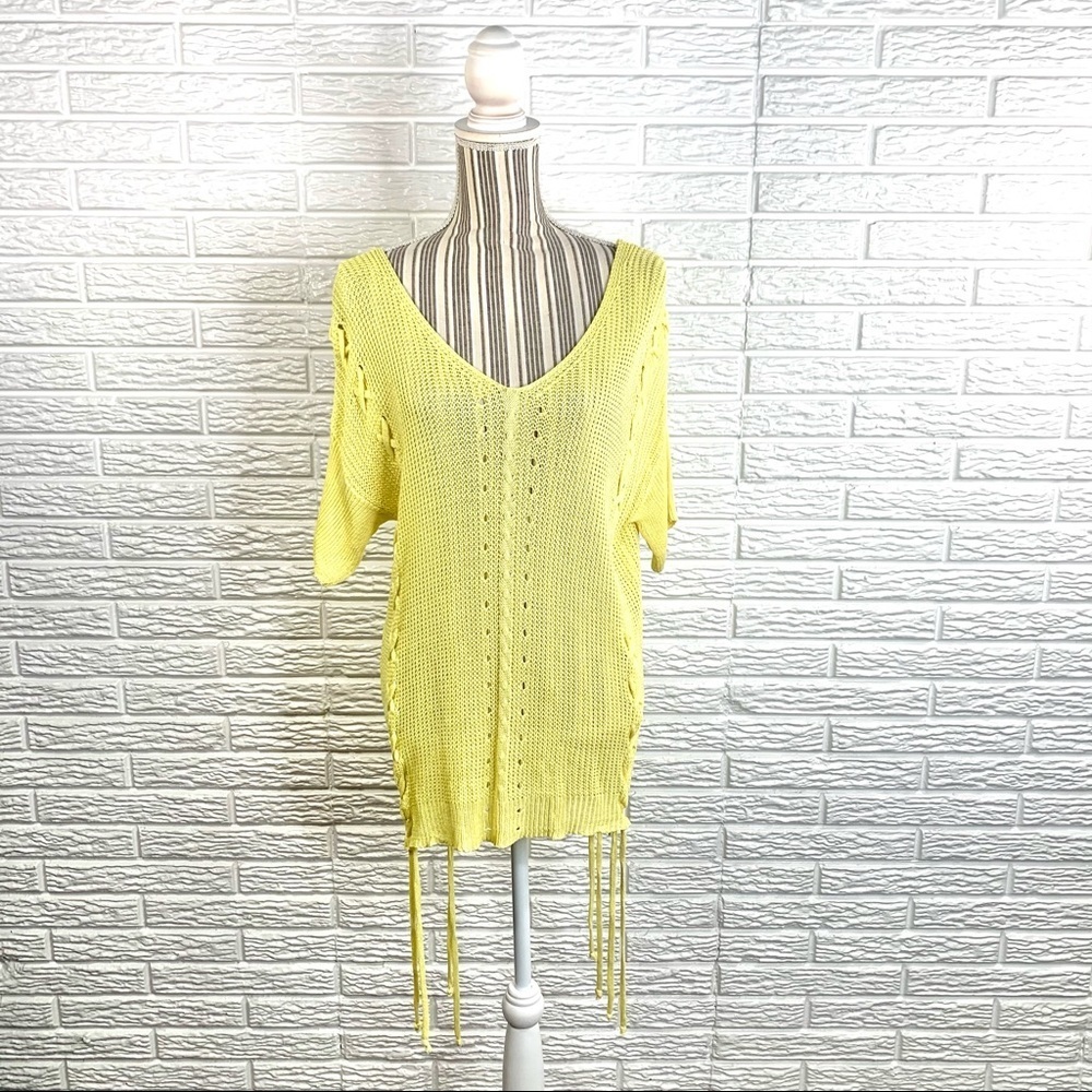 Main Street Sheer Yellow Open Knit Lace Up Top